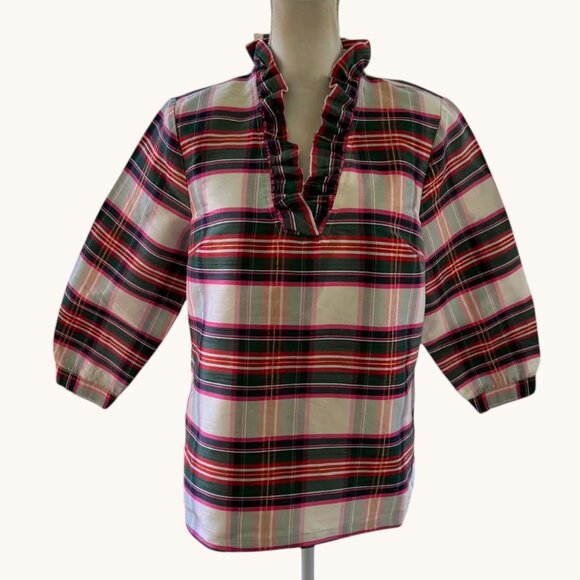 crown & ivy Tops - Crown & Ivy Plaid Ruffle Stand Up Ruffled Collar Blouse Top NWT